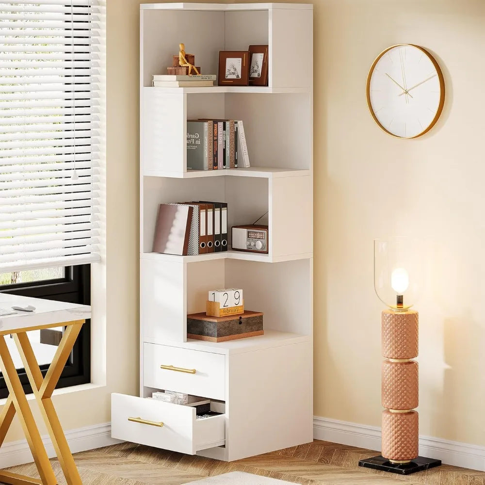 5-Tier Corner Bookshelf with 2 Drawers, 66.9-Inch Tall Corner Bookcase Shelf, Modern Simple Corner Storage Cabinet Display Rack