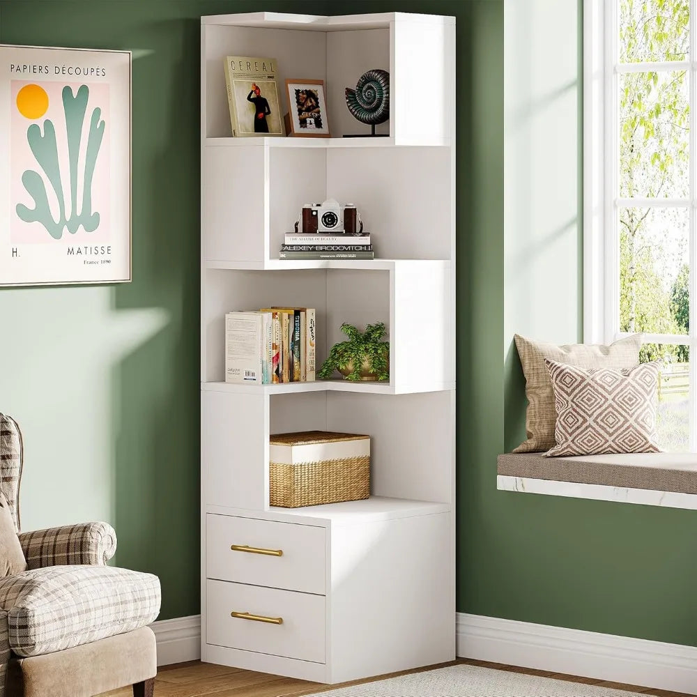 5-Tier Corner Bookshelf with 2 Drawers, 66.9-Inch Tall Corner Bookcase Shelf, Modern Simple Corner Storage Cabinet Display Rack