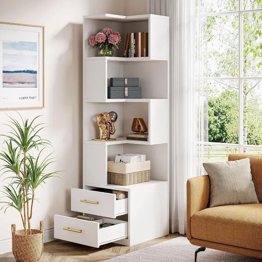 5-Tier Corner Bookshelf with 2 Drawers, 66.9-Inch Tall Corner Bookcase Shelf, Modern Simple Corner Storage Cabinet Display Rack