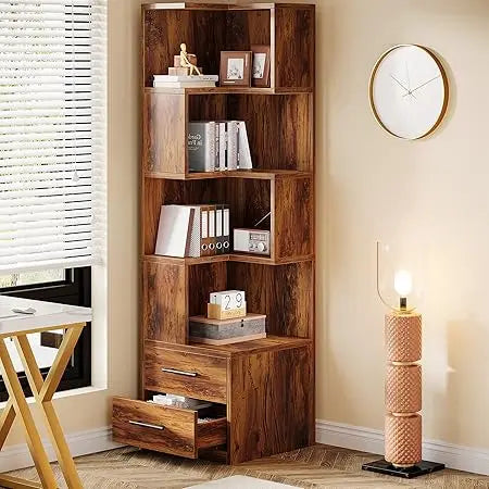 5-Tier Corner Bookshelf with 2 Drawers, 66.9-Inch Tall Corner Bookcase Shelf, Modern Simple Corner Storage Cabinet Display Rack