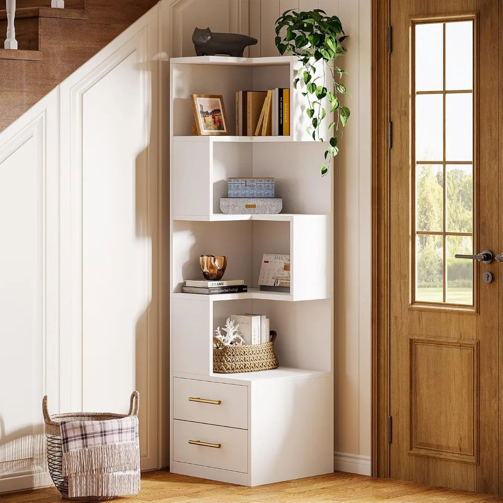 5-Tier Corner Bookshelf with 2 Drawers, 66.9-Inch Tall Corner Bookcase Shelf, Modern Simple Corner Storage Cabinet Display Rack