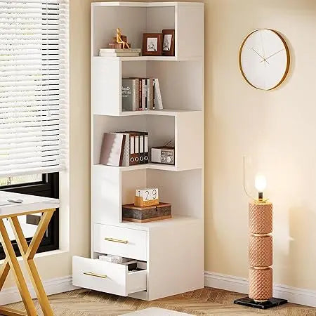 5-Tier Corner Bookshelf with 2 Drawers, 66.9-Inch Tall Corner Bookcase Shelf, Modern Simple Corner Storage Cabinet Display Rack